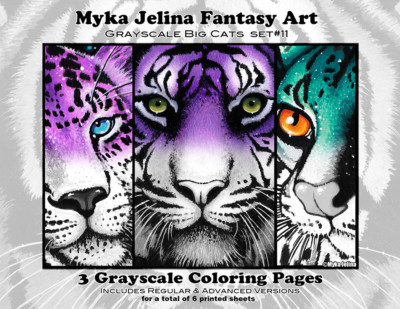 Myka Jelina Coloring Pages Big Cats Grayscale Set 11 Loose Leaf Pages Tiger Art