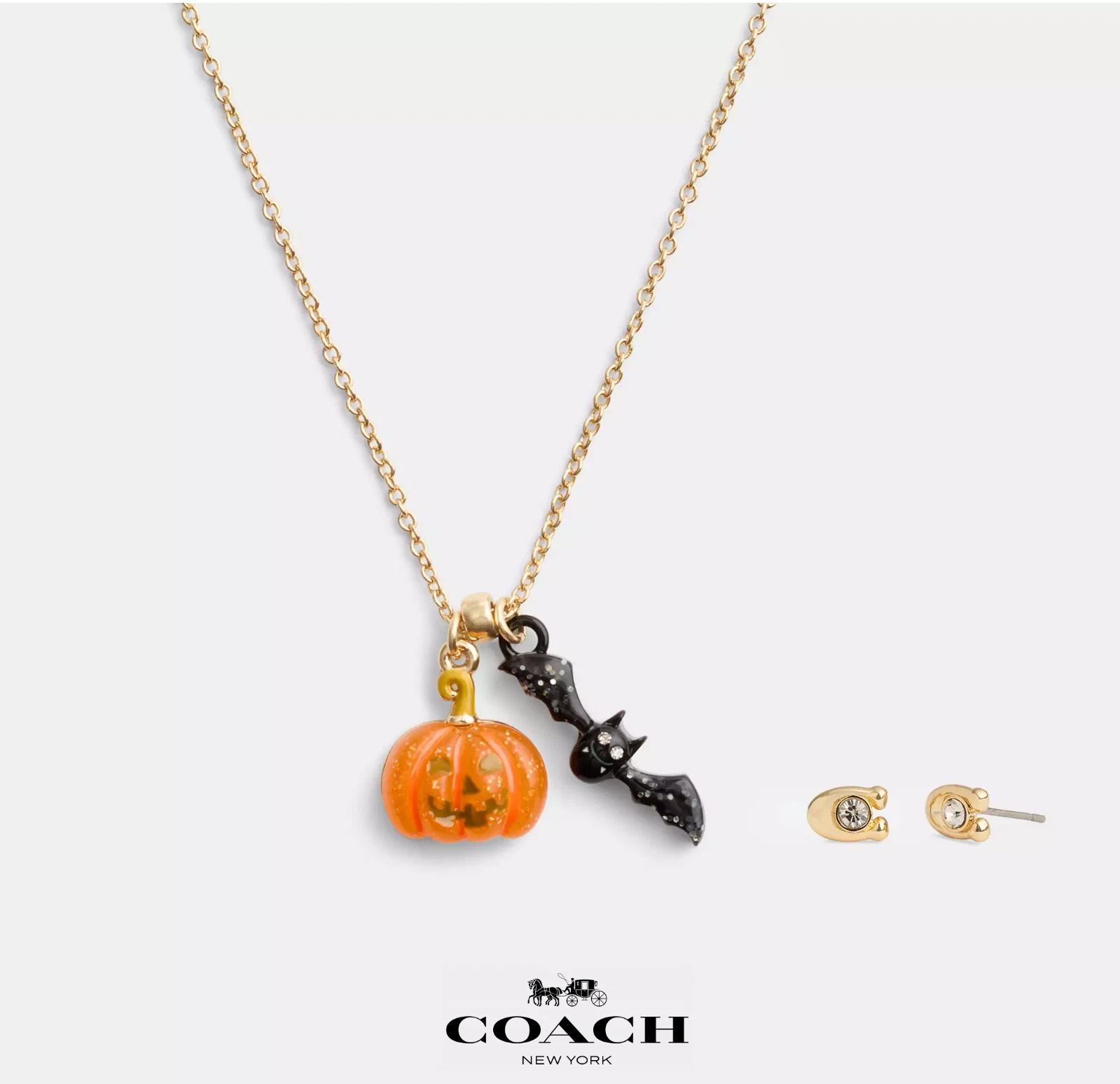 Set orecchini e collana Coach Halloween Jack o' lantern zucca e pipistrello nuovi con etichette