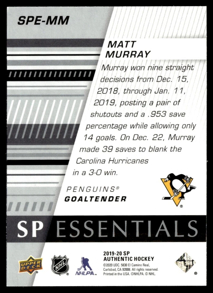 2020-21 SP Authentic essentials Matt Murray #SPE-MM - Image 2 of 2
