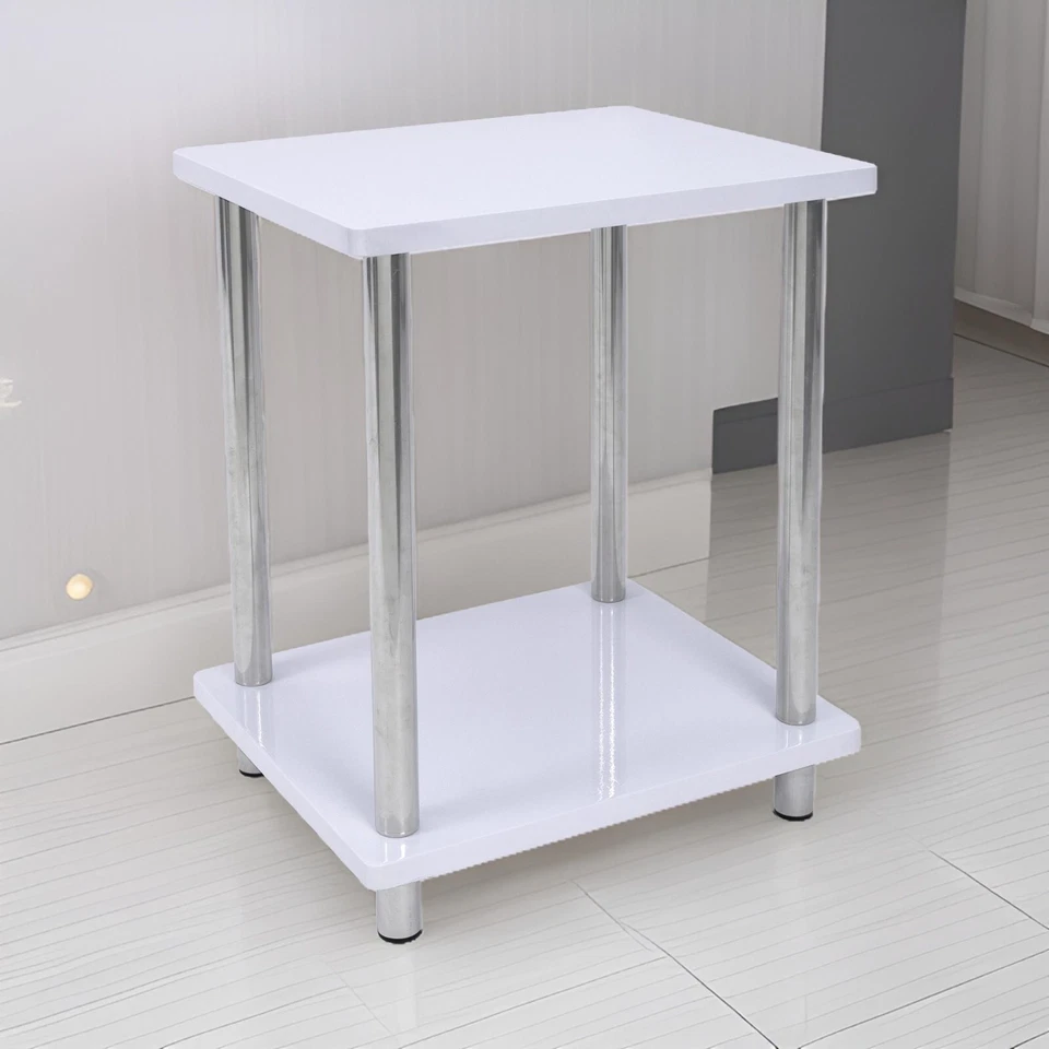 Small 2 Tier White Gloss Finish Side Table with Shelf Bedroom Coffee End Table - Image 4 of 4