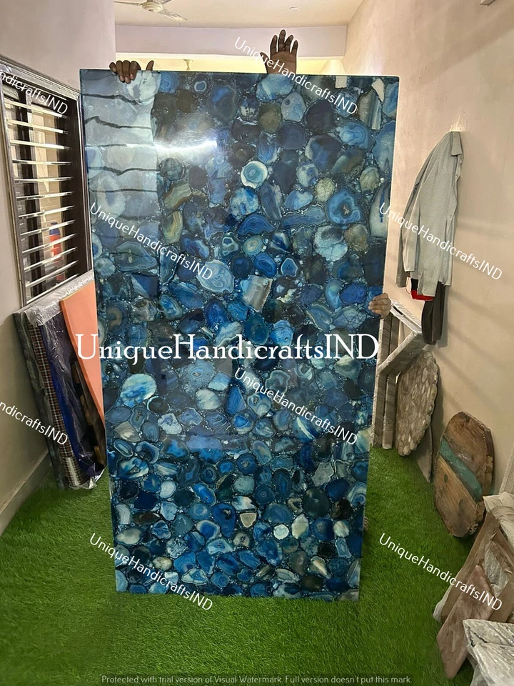 Blue Agate Backlit Semiprecious Stone Big Slab Kitchen Countertops For Home Deco - Image 3 of 4