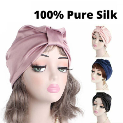 100% Mulberry Silk Knot Night Cap Hair Care Bonnet Head Scarf Satin  Sleeping Hat