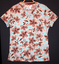 WHITE CROSS Aqua Pink Ribbon Floral Print Scrub Top Size XS