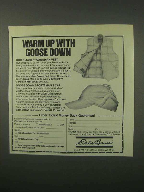 1979 Eddie Bauer Ad - Downlight Canadian Vest, Down Cap | eBay