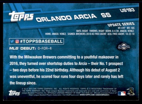 2017 Topps Update #US193 Orlando Arcia Rookie - Bild 2 von 2