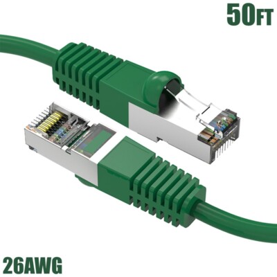 50FT Cat5E RJ45 Ethernet LAN Network FTP Shielded Cable Copper Gold 26AWG Green