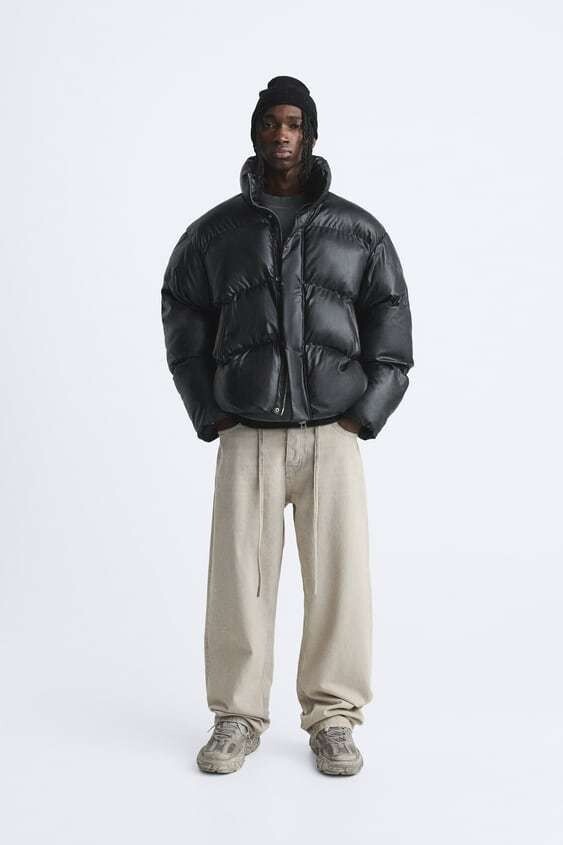 New Zara Cropped Faux Leather Puffer Jacket Black S 5320/343