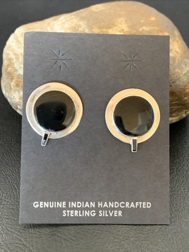 Black Onyx Navajo Sterling Silver Stud Post Earrings 0.75" 12641 - 第 1/12 張圖片