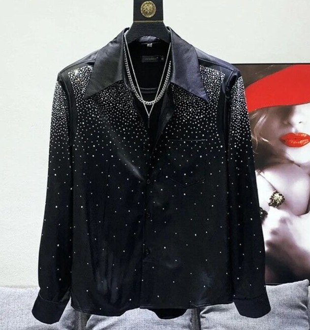 Nueva Camisa Negra Con Botones Moda Diamantes Estrás de Lujo para Hombres Alta Calidad