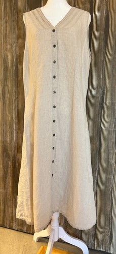 J Jill Long Midi Dress Linen Button Up Beige Beach Boho Lagenlook Lace Hem Sz L