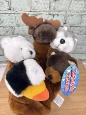 5 Animal Plush Hand Puppet Glove Wolf Polar Brown Bear Moose Puffin Pretend Play