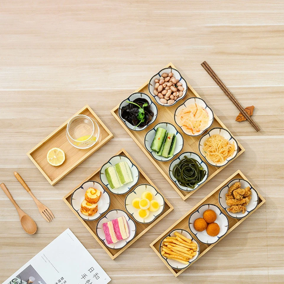 1 set di piattini in ceramica per snack in stile giapponese con vassoio in legno - Immagine 3 di 4