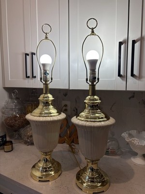 Vintage MCM Stiffel Ivory Porcelain and Brass Lamps Hollywood Regency Set of 2