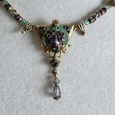 Vintage Michal Golan Bronze Tone Green Enamel Multicolor Bead Necklace
