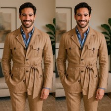 Kahki Men's Safari Jacket With Belt Multi Pockets Casual Outdoor Hunting Coat