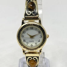 Accutime Gemstone Watch Women 25mm Gold Tone Stretch Band Autumn New Batt 6.75"