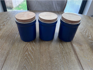 3 Denby Imperial Blue Large Storage Jar with wooden Lids 17cm