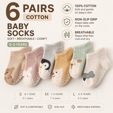 6 Pack Baby Toddler Cotton Socks Non Skid Grip Animal Cartoon 0-5Y