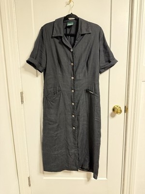 Vintage Solid Black Geiger Collection Button Down Shirt Dress Collared Linen L
