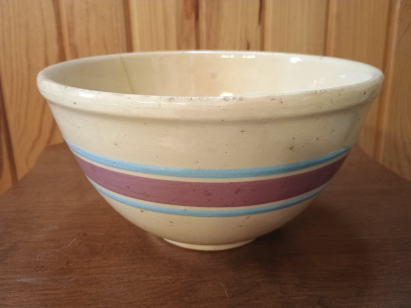 Vintage Watt Oven Ware Yellow W/Pink & Blue Stripe Mixing Bowl #8