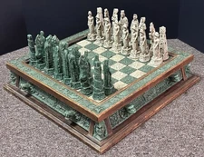 Aztec Mayan Dragon Chess Set Rare Collectible Antique Green Chess Board & Pieces