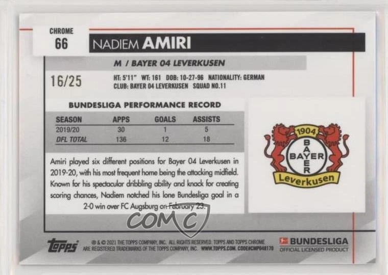 2020-21 Topps Chrome Bundesliga Sapphire Edition Purple /25 Nadiem Amiri #66 - Image 2 of 2
