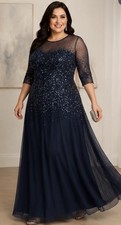 Adrianna Papell Navy Beaded Sequin Illusion Mesh Gown Dress NWT Size 22W