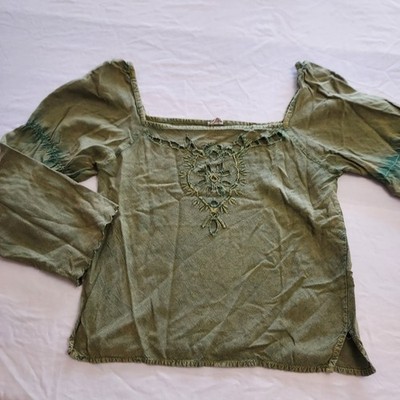 Boho Embroidered Square Neck Peasant Top Olive Green Mineral Wash Free Size