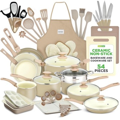 NutriChef 54 Piece Home Kitchen Cookware Set -Bakeware, Pots, Pans (Taupe Brown)