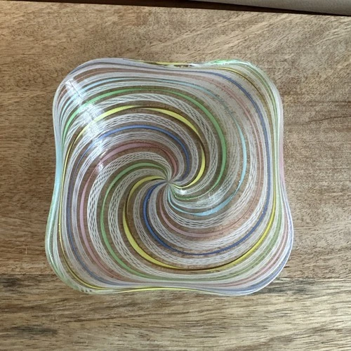 Vintage Murano Zanfirico Latticino Rainbow Glass Bowl Trinket Dish 4 1/2”