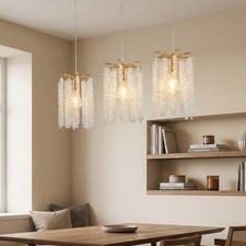 3 Pack Modern Gold Raindrop Crystal Pendant Chandelier LED Light Kitchen Fixture