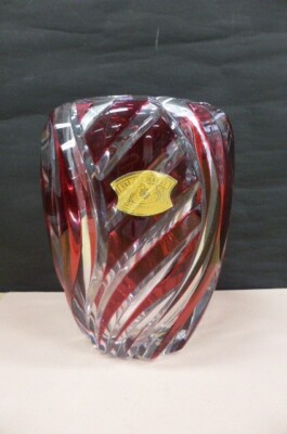 Val Saint Lambert Kristallglas Blumenvase rot belgisch graviert 7,4 Zoll