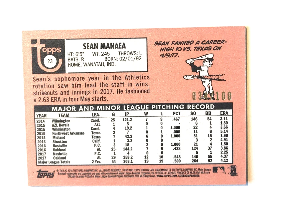 SEAN MANAEA 2018 Topps Heritage Mini card #23 SN 034/100 Oakland Athletics - Image 2 of 3