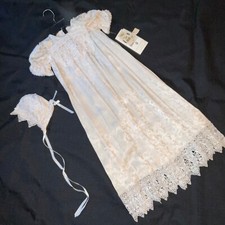 Vintage 90s baby christening gown cap cream silk lace new flaw size 12 months