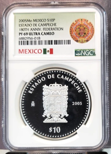 2005 MEXICO SILVER 10 PESOS STATE OF CAMPECHE NGC PF 69 ULTRA CAMEO SCARCE