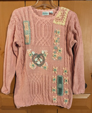 Vintage Shenanigans Womens Embroidered Chunky Knit Pink Pullover Sweater Size S