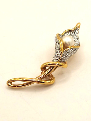 Vintage Style Gold and Silver Tone with Faux Pearl Center Canna Lilly Brooch