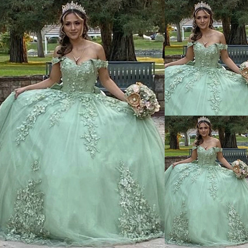 Mint Green Quinceanera Dresses 3D Flowers Off The Shoulder Sweet
