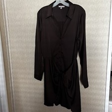 Guess Tie Front Long Sleeve Brown Button Front Satin Dress Size Large