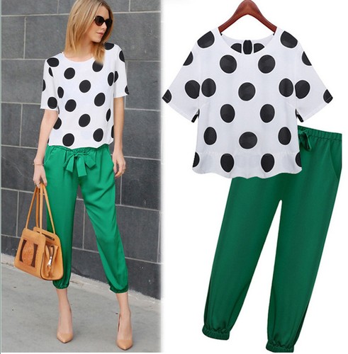 vestito da donna set di 2 pezzi maglietta a pois e pantaloni verdi | eBay