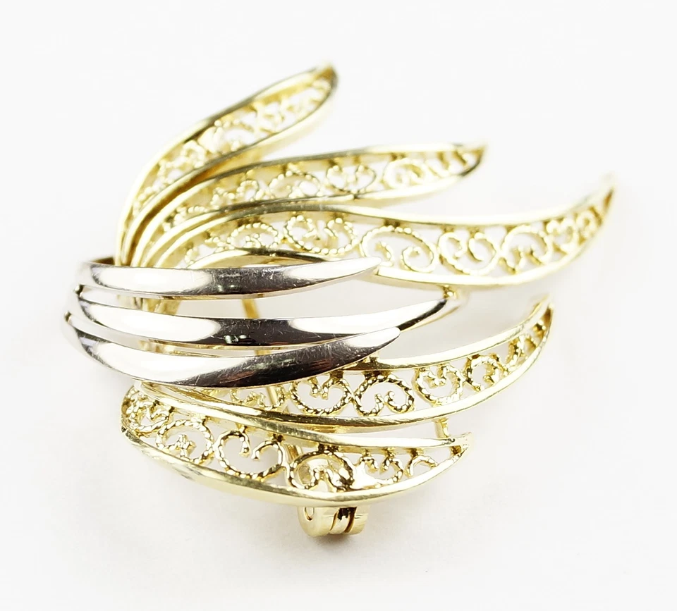 Broche prendedor de filigrana único dorado bicolor 14k para damas Foto 2 de 4