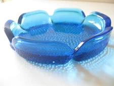 Vintage 70's Cobalt Blue Glass Ashtray Petal Design 7" Dimpled Base 6 Slot Heavy