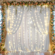 10x10 Ft White Chiffon Backdrop Curtain with Lights String Wedding Photo Drape