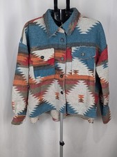 La Miel Aztec Jacket Womens M Oversized Look Southwestern Distressed Boho Shirt