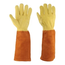 Leather Gardening Gloves, Long Thorn Proof Rose Garden Glove, Yellow-Brown-L