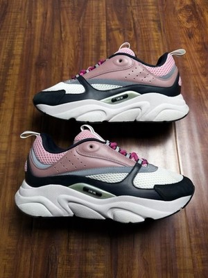 Dior B22 Reflective White Pink Black Leather Mens Mesh Sneakers