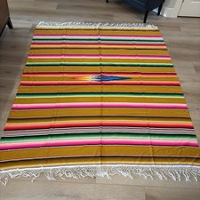 Mexican Serape Blanket Multicolor Stripes Fringe 76" x 84"