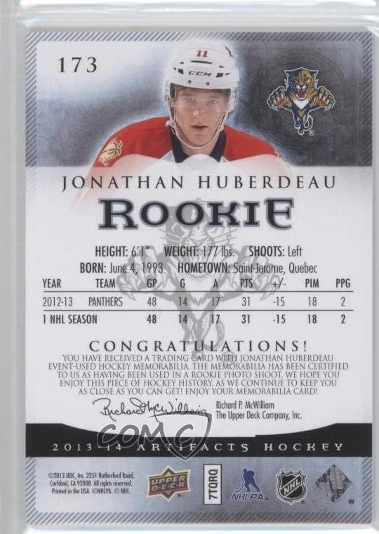 2013-14 Artifacts Rookies Jersey/Jersey /125 Jonathan Huberdeau #173 Rookie RC - Image 2 of 2