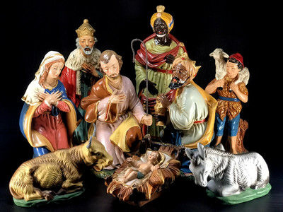 VTG PAPER MACHE 12'' NATIVITY JAPAN 9pc - HOLY FAMILY KINGS SHEPHERD ANIMALS MINT