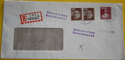 BU. Registered cover BM MI: 854, 1135 from Beckum to Bielefe on 22.10.1985 (12.278)